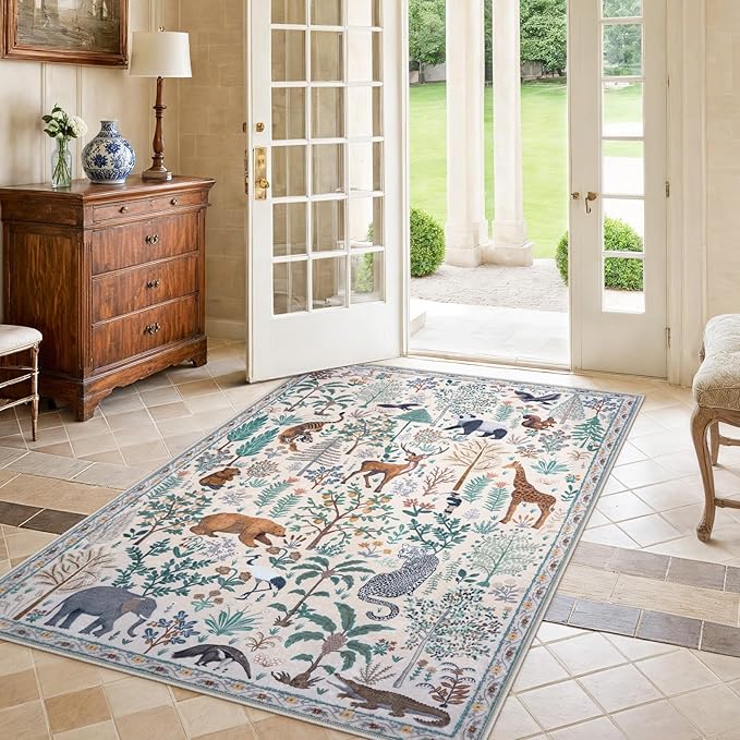 OJIA Jungle Print Washable Area Rugs 5x7, Soft Modern Rugs for Living Room Ultra-Thin Non-Shedding Bedroom Rug, Stain Resistant Neutral Area Rug Large Carpet for Dining Room Kids Nursery Playroom-Ruum Studio Home
