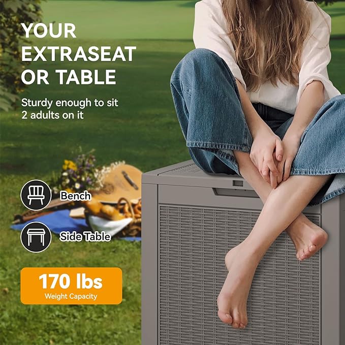 KAMABOKO 31 Gallon Outdoor Storage Box, Resin Deck Boxes Indoor and outdoor, Waterproof Storage Box Lockable Lid for Garden Tools, Package Delivery, Pool Supplies, Patio Cushions, Grey-Ruum Studio Home