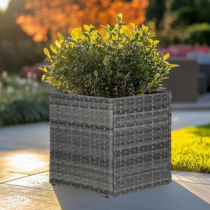 LEWIS&WAYNE Large Square Planter Box Handmade Wicker Tall Planters for Outdoor Plants with Removable Liners Modern Planter for Indoor Outdoor Garden Patio Front Porch - Gray, 17''x17''x18''-Ruum Studio Home