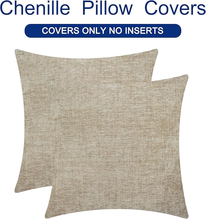 CaliTime Throw Pillow Covers Decorative 22 X 22 Inches Pack of 2 Cozy Chenille Cushion Cases for Couch Sofa Bed Living Room Home Light Taupe-Ruum Studio Home