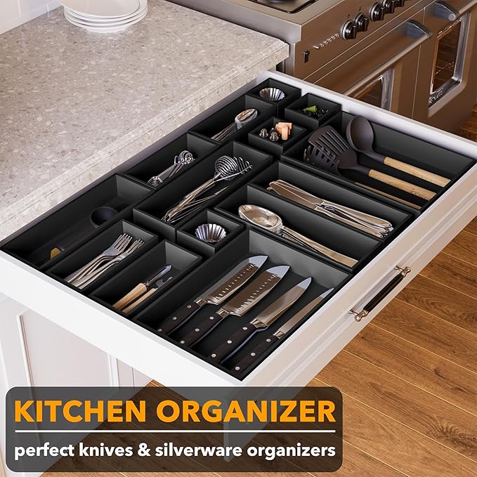 SpaceAid 14-Piece Bamboo Drawer Organizer Storage Boxes Set, Wood Tray Junk Drawer Organizers Multi-Use Divider Bins for Kitchen, Bathroom, Office Desk and Makeup Organization (14 Pack, Black)-Ruum Studio Home