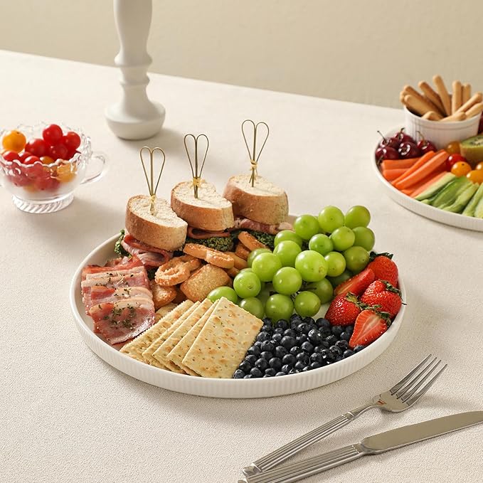 3 Packs Serving Platters, Large Serving Tray, Round Platters for Serving Food, Food Tray for Veggie Fruit Snack Dessert Cheese, White Ceramic Serving Trays for Party, Entertaining, 12.8”/10.8”/8.8”-Ruum Studio Home