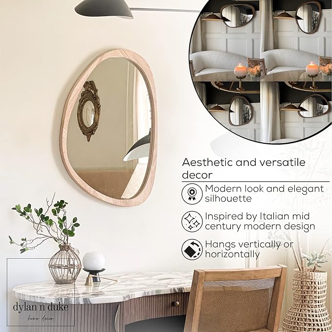 Irregular Wood Frame Boho Mirror - Large Wall Mounted Accent, Asymmetrical, Modern Aesthetic Wall Decor for Bedroom, Entryway, Living Room, Bathroom (Natural)-Ruum Studio Home