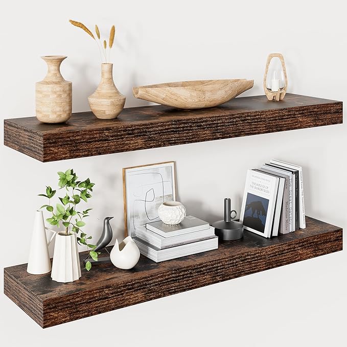 Heimlove 32 Inch Floating Shelves for Wall,Rustic Brown 9.3" Deep Floating Shelf Set of 2,Wall Mounted Shelves for Bathroom Bedroom Living Room Kitchen Office,Shelf for Books Storage Room,Home Decor-Ruum Studio Home