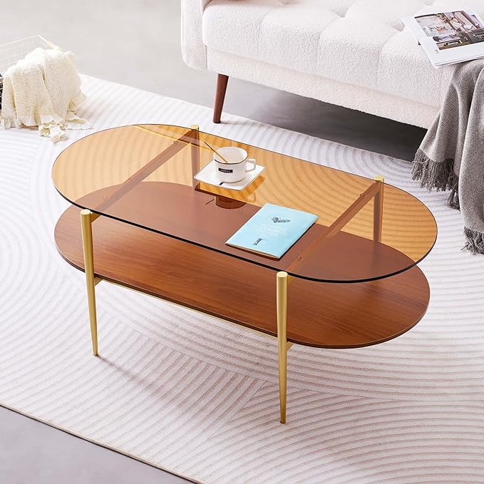 Oval Glass Coffee Table, Mid-Century Modern Design, L41 x W21 x H17 inch, for Living Room, 2-Tier Structure, Amber Glass Top and Walnut Finish Wood Shelf, Conical Legs with Gold Finish Frame-Ruum Studio Home