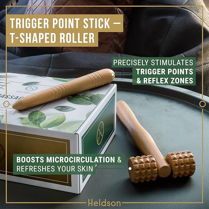 HELDSON® Wooden Therapy Massage Tools [6 Pieces] - Wood Rollers for Body Sculpting - Lymphatic Drainage Massager - Cellulite Tool - Maderoterapia Kit - Back Rolling Stick - Wellness Gifts Women, Men-Ruum Studio Home