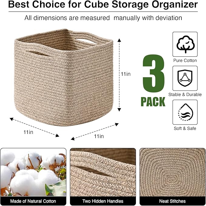 11 Inch Cube Storage Bins, Storage Cube Organizer Bins, Woven Cotton Rope Baskets for Storage, Storage Basket for Organizing Shelves, Square Baskets for Toys Nursery, Brown (Pack of 3)-Ruum Studio Home