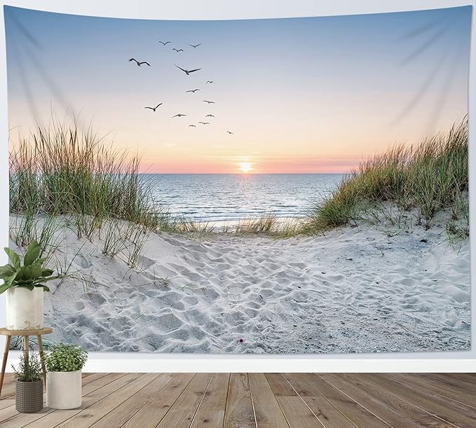 HVEST Ocean Beach Tapestry Wall Hanging, Sunset Seabird and Beach with Grass, Natural Landscape for Bedroom, Living Room, Dorm Decoration, 92.5x70.9 Inches-Ruum Studio Home