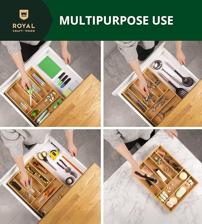 ROYAL CRAFT WOOD Luxury Bamboo Utensil Rack and Silverware Organizer, Kitchen Drawer Organizer - Utensil Holder and Cutlery Tray with Grooved Drawer Dividers for Flatware 7 Slot, Natural-Ruum Studio Home
