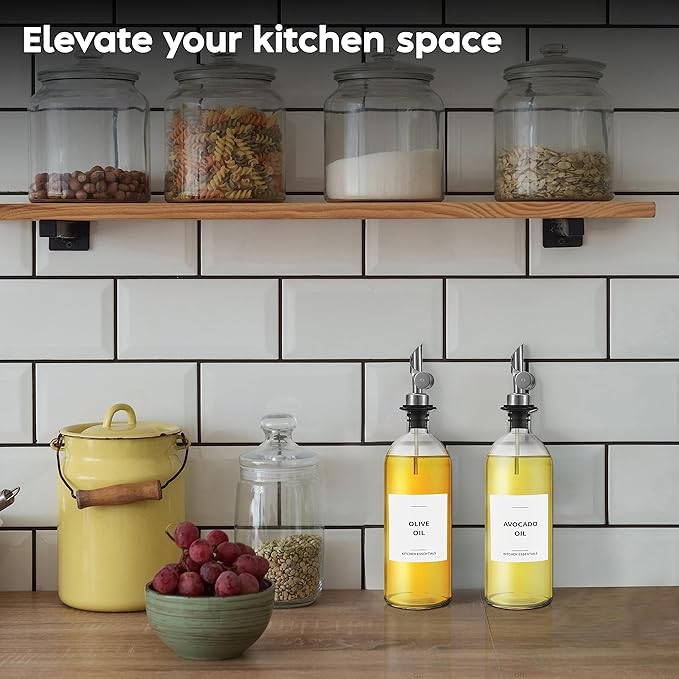 Olive Oil Dispenser Bottle - Includes 55 Kitchen Essential Labels - Cooking Oil Bottles for Kitchen, Coffee Syrup Dispenser - Pourer Spout with 16.9 fl oz Glass Container Cruet - 2pcs Silver-Ruum Studio Home
