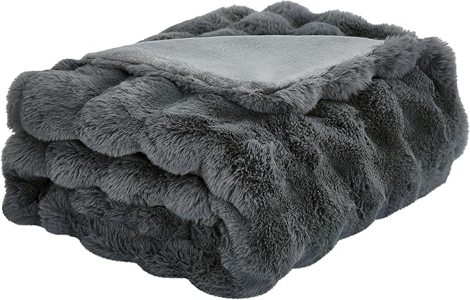DREAMNINE Large Soft Thick Fuzzy Bubble Faux Rabbit Fur Bed Blanket Queen Size 80" x 90",Reversible Gray Plush Big Warm Shaggy Fluffy Blankets for Sofa, Solid Luxury Cozy Cute Bumpy Furry Blanket,Grey-Ruum Studio Home