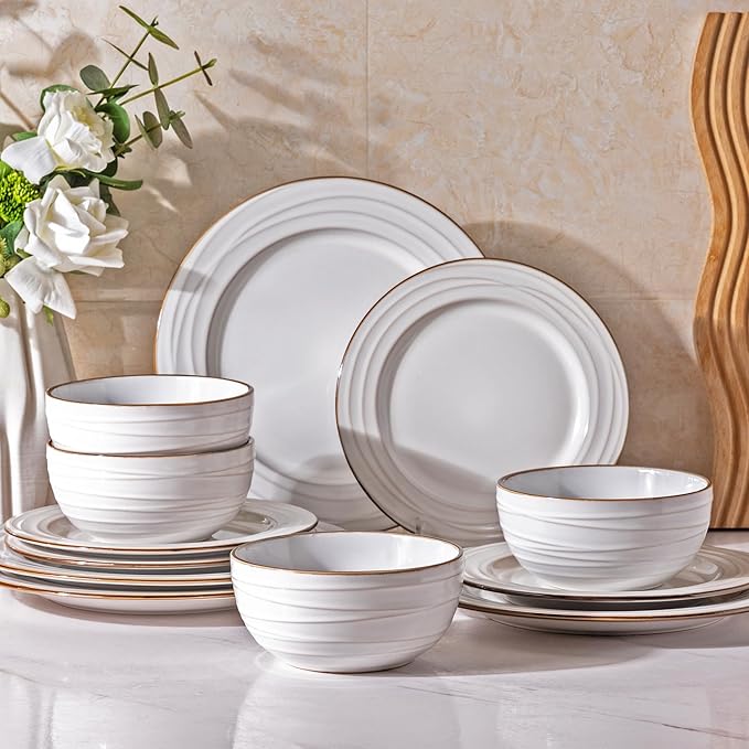 GBHOME Ceramic Dinnerware Sets,12 pcs Embossed Elegant Stoneware Plates and Bowls Sets, Housewarming Wedding Gift | Dishwasher & Microwave Safe | Dishes Set Service for 4-Ruum Studio Home