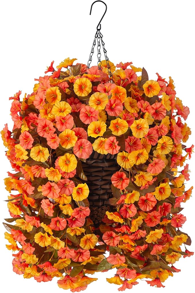 Artificial Fall Fake Hanging Flowers Plants Basket for Outdoor Autumn Decoration, Faux Silk Morning Glory Long Stems Vines Realistic UV Resistant for Outside Home Porch Garden (Fall Orange+Yellow)-Ruum Studio Home
