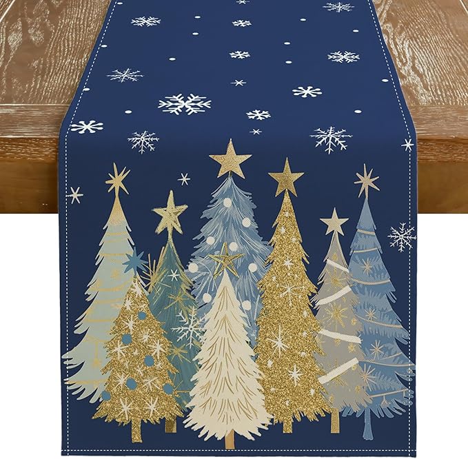 GEEORY Christmas Table Runner 13x36 Inch, Xmas Trees Snowflakes Holiday Decorative Farmhouse Table Decoration for Kitchen Dinning, Indoor Outdoor Dinner Party Decor (Blue) GT151-36-Ruum Studio Home