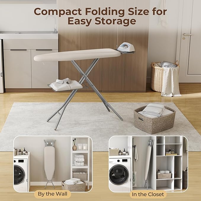 Yaheetech Ironing Board, Compact Iron Board with Cord Holder, Steam Iron Rest and Bottom Storage Tray, 9 Adjustable Heights & 3 Layer Cover, Folding Heavy Duty Ironing Board 52X14, Beige-Ruum Studio Home