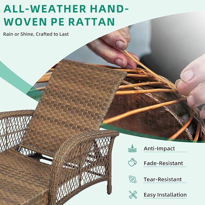 VIVIJASON 3 Pieces Outdoor Wicker Chaise Lounge Chair Set, All-Weather PE Rattan Cushioned Patio Lounger Set of 2 with Side Table, Adjustable Pool Sunbathing Recliner with Armrest & Pillow, Beige-Ruum Studio Home