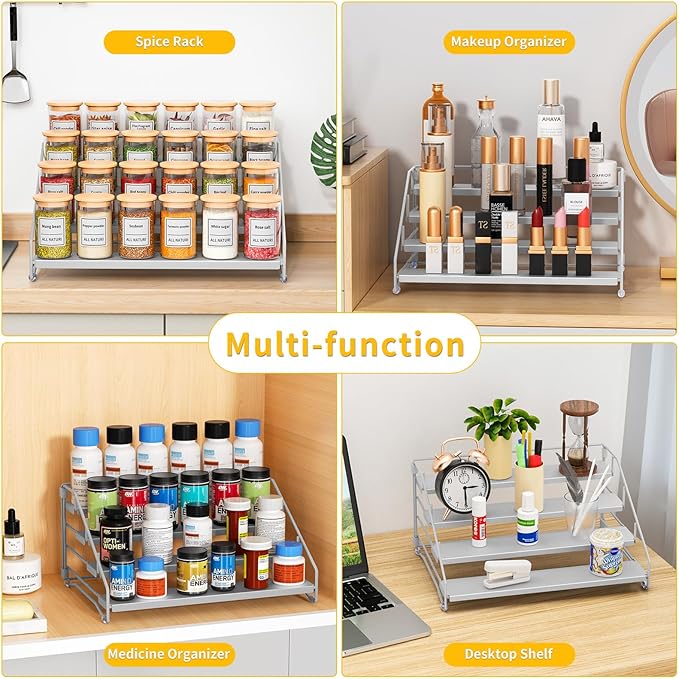 RCHYFEED 4 Tier Spice Rack Organizer, Spice Organization for Cabinet,Pantry, Countertop,Tiered Spice Rack Easy Visibility,Depth Expandable Seasoning Shelf for Kitchen Cabinet Organizer,Silver-Ruum Studio Home