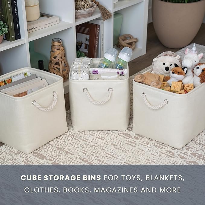 OrganiHaus 12x12 Cube Storage Bins 4 Pack, Foldable Cube Storage Organizer w/ Rope Handles, Collapsible Fabric Bins for Toys, Clothes & Closet Organization, Fabric Square Baskets - Off-White-Ruum Studio Home