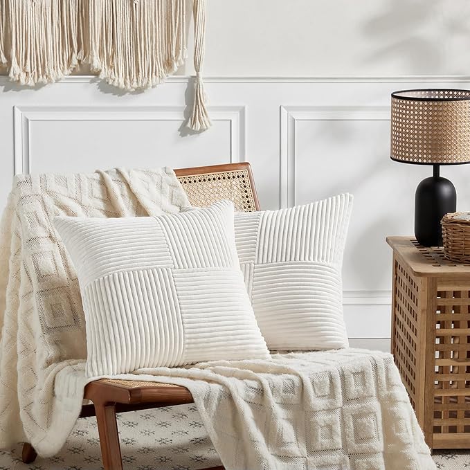 Fancy Homi 2 Packs Cream White Decorative Throw Pillow Covers 18x18 Inch for Living Room Couch Bed Sofa, Farmhouse Boho Home Decor, Soft Corss Corduroy Patchwork Textured Square Cushion Case 45x45 cm-Ruum Studio Home