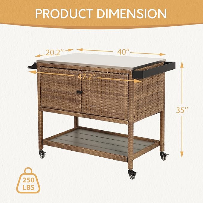 Wicker Outdoor Bar Cart with 4 Lockable Casters, Patio Prep Stainless Table with 2 Ratten Doors Storage Cabinet,Island Cart with WPC Shelf for Grill, Kitchen and Garden, Brown-Ruum Studio Home