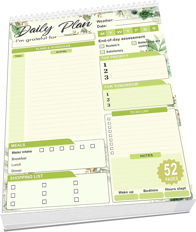 Daily Plan Notepad, 52 Sheets 8.5" X 11.5" Daily for To-Do Lists, Habit Tracking, Academic Scheduling, and Productivity Goals - Perfect for Work, Home, and Office Organization| Tropical Green Floral-Ruum Studio Home