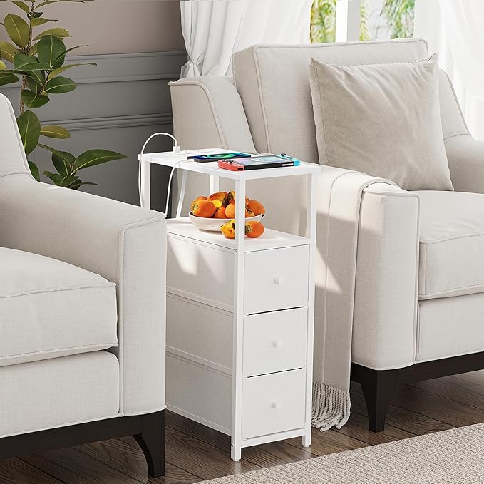 TUTOTAK Narrow Night Stand with Charging Station, Slim End Table with Plugins, Tall Side Table with 3 Fabric Drawer, Small Bedside Table with Storage, Living Room, Bedroom, White TB01BW086-Ruum Studio Home