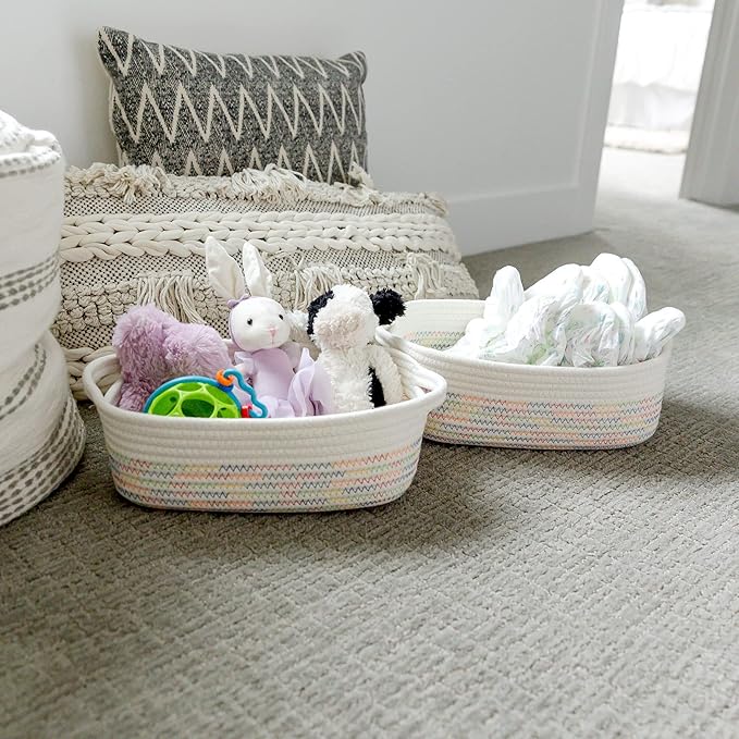 NaturalCozy 5-Piece Rectangle Storage Basket Set- Natural Cotton Rope Woven Baskets for Organizing! Small Basket for Montessori, Baby Nursery, Dog Toy Baskets, Cat Toy Box, Bathroom Organization Bin-Ruum Studio Home