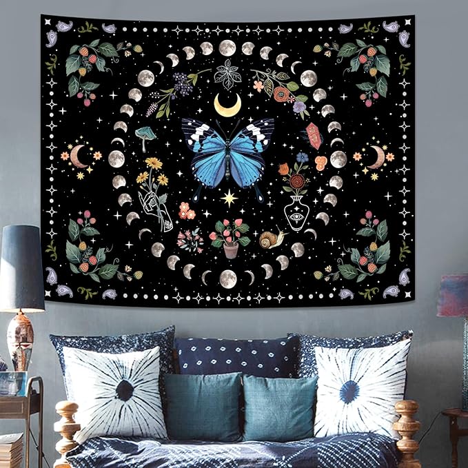 Aipon Blue Butterfly Moon Flower Boho Floral Tapestry for Bedroom & Living Room (60.00'' 80.00'', Blue)-Ruum Studio Home