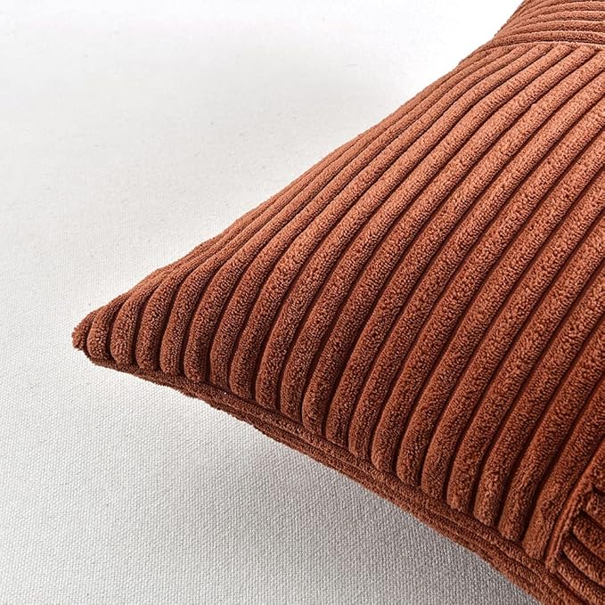 Fancy Homi 2 Packs Rust Lumbar Decorative Throw Pillow Covers 16x32 Inch for Couch Bed Sofa, Rustic Farmhouse Boho Home Decor, Soft Striped Corduroy Rectangle Accent Terracotta Cushion Case 40x80 cm-Ruum Studio Home