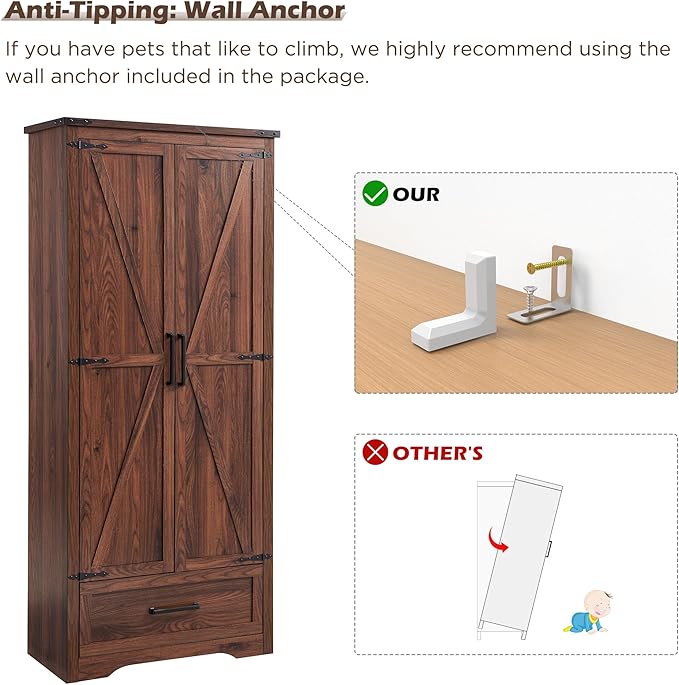 72" Tall Wood Storage Cabinet, Farmhouse Kitchen Pantry Cabinet with Adjustable Shelves & Drawer & Barn Doors, Versatile Storage for Kitchen, Dining Room, Bathroom, Brown-Ruum Studio Home