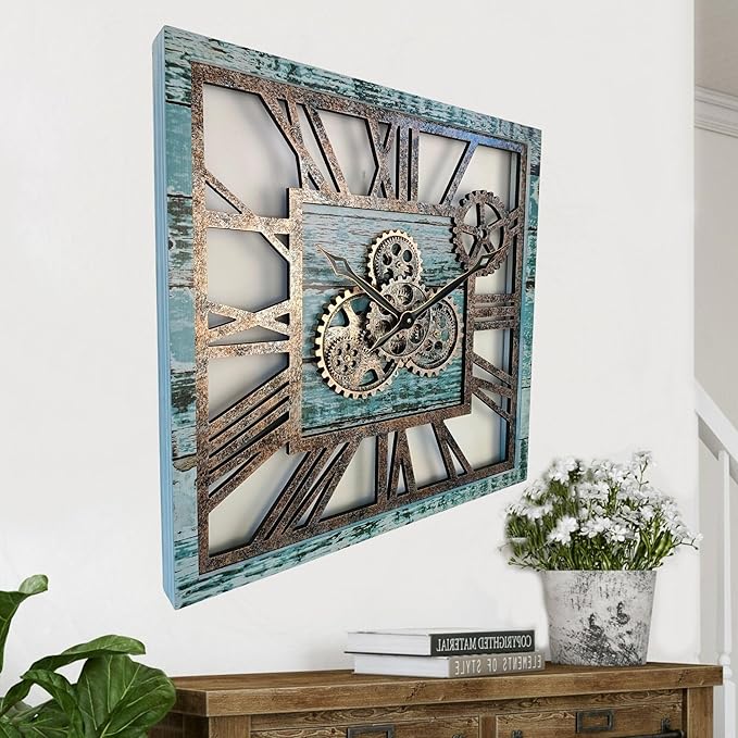 The Gears Clock 24'' Inch Square Real Moving Gear Wall Clock Vintage Industrial Oversized Rustic Farmhouse (Aqua Green)-Ruum Studio Home