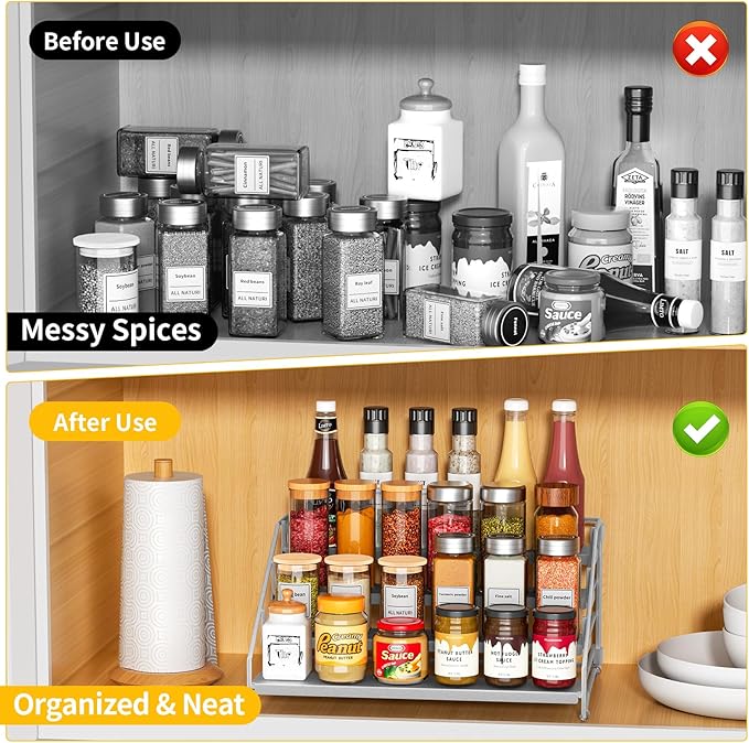 RCHYFEED 4 Tier Spice Rack Organizer, Spice Organization for Cabinet,Pantry, Countertop,Tiered Spice Rack Easy Visibility,Depth Expandable Seasoning Shelf for Kitchen Cabinet Organizer,Silver-Ruum Studio Home