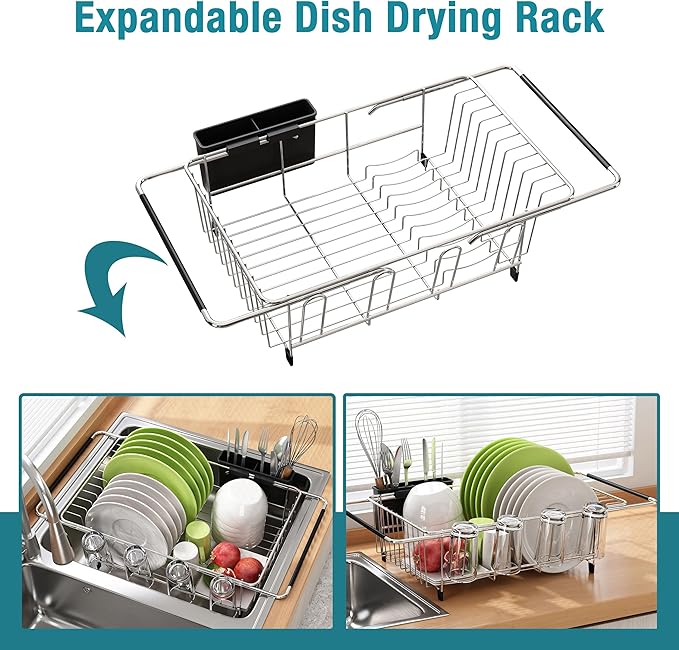Dish Drying Rack in Sink, Expandable Stainless Steel Dish Drainers for Kitchen Counter, Dish Dryer Rack for Inside Sink, Over The Sink Dish Racks with Utensil Holder, Silver-Ruum Studio Home