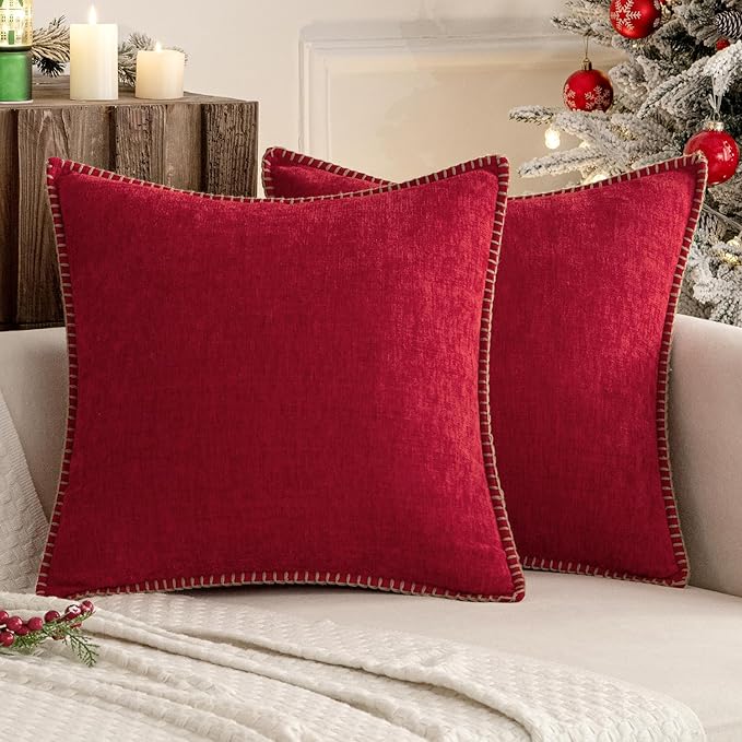 MIULEE Pack of 2 Christmas Pillow Covers 20x20 Inch Red Farmhouse Decorative Throw Pillow Covers with Stitched Edge Soft Chenille Solid Dyed Couch Pillow Covers for Sofa Bed Living Room-Ruum Studio Home