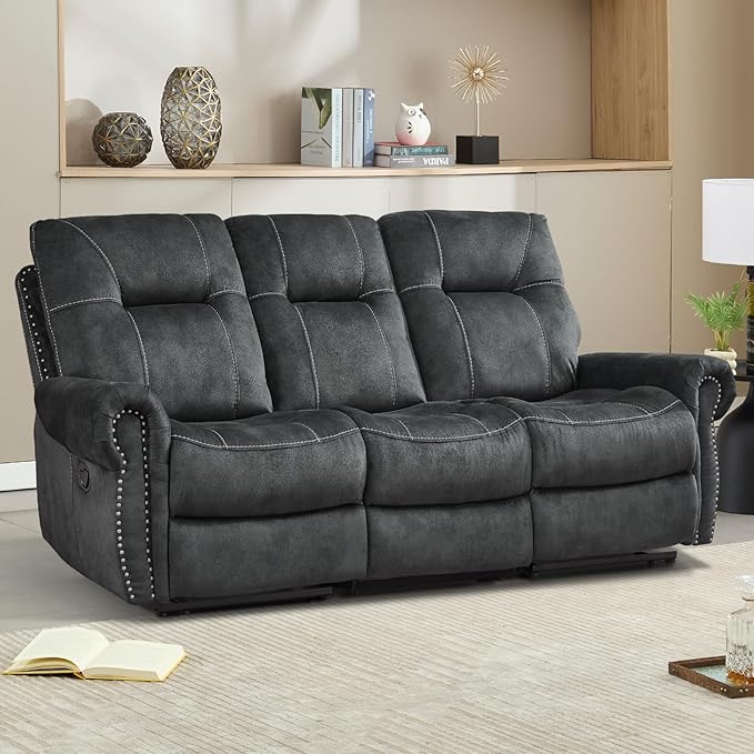 EBELLO Manual Recliner 3 Seat Sofa Couch, Soft Fabric 3 Seater Reclining Couch Chair, Vintage Rivet Mid-Century Design Furniture for Living Room, Meeting Room, Grey-Ruum Studio Home
