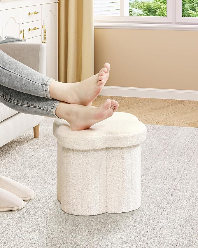 B FSOBEIIALEO Storage Ottoman Cube, Flowers Shaped Ottomans with Storage Foot Stool Footrest for Lving Room, Boucle Ottoman Seat for Dorm Room,Faux Teddy Fur, Cream White 12.6"x12.6"x12.6"-Ruum Studio Home