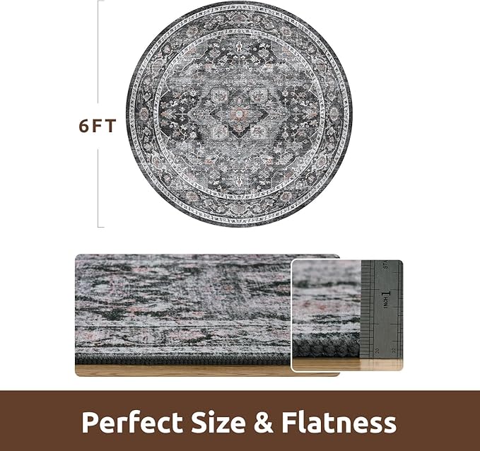 AMOAMI-6FT Round Rug-Rugs for Living Room-Vintage Soft Black Rugs for Bedroom-Non Slip Circle Rug-Machine Washable Rug for Dining Room Living Room Bedroom Office Under Table Dark Grey & Black-Ruum Studio Home