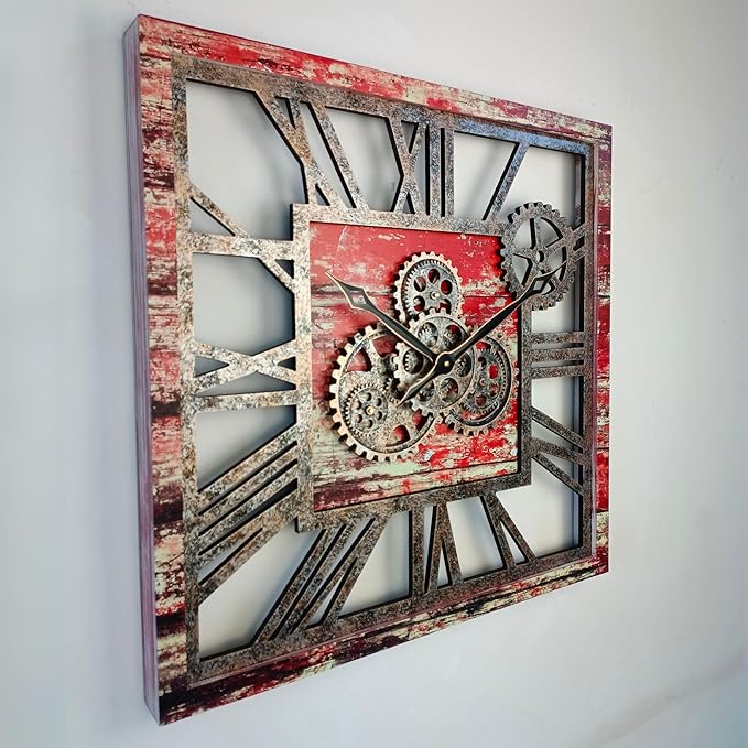 The Gears Clock 24'' Inch Square Real Moving Gear Wall Clock Vintage Industrial Oversized Rustic Farmhouse (Red Lava)-Ruum Studio Home