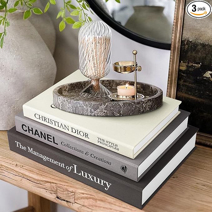 Aesthetic Decorative Books -Set of 3 Minimalist Linen Hardcover Faux/Fake Books for Coffee Table Home Decor Living Room Decoration, Photo Storage or as a Keepsake Box(Black-gray-beige-luxury)-Ruum Studio Home