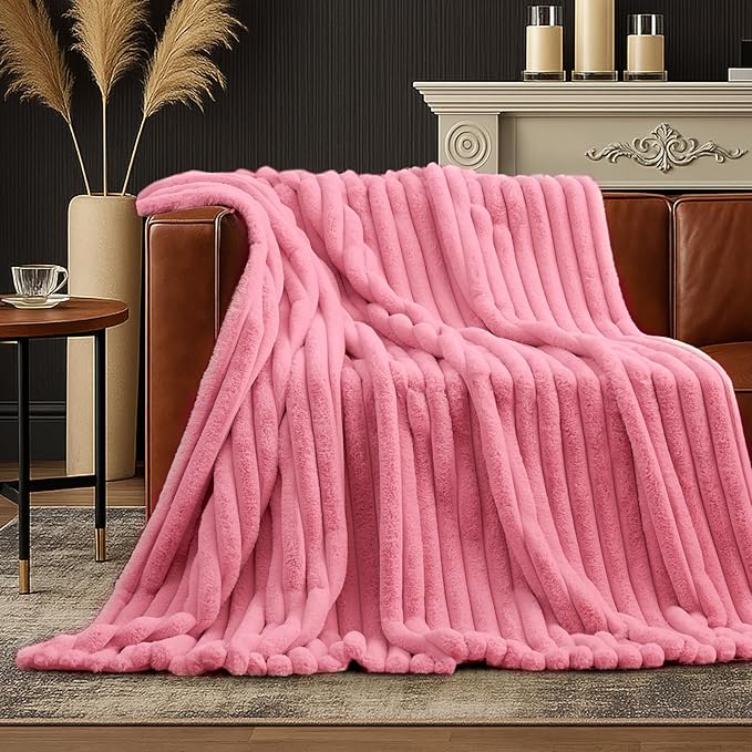 Amélie Home Faux Fur Throw Blanket for Couch, Cozy Fuzzy Fluffy Fur Luxurious Soft Striped Plush Gift Blankets for Family Sofa Chair Bed Living Room Bedroom, 55"x70", Pink-Ruum Studio Home