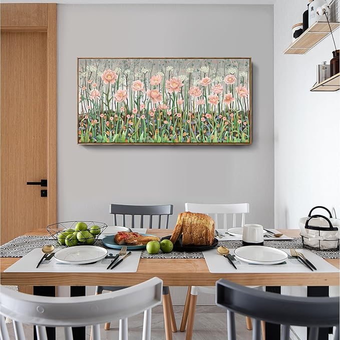 amatop Framed Large Floral Wall Art Modern Botanical Canvas Print Flower Field Wall Decor Abstract Landscape Picture Blooming Flower Forest Pink Green Artwork for Living Room Bedroom Office 48x24 in-Ruum Studio Home