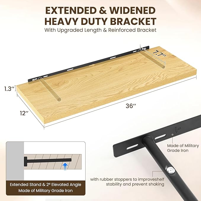 36" Floating Shelves for Wall, 12" Deep Slim Oak Floating Shelves, Wall-Mounted Shelves for Bedroom, Living Room, Kitchen, Bathroom - Set of 2-Ruum Studio Home