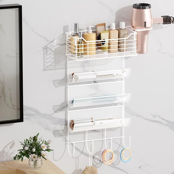VITVITI Metal Hair Tool Organizer Wall Mount, Hair Dryer Holder with 4 Tier Shelf Basket Hooks, Bathroom Hairs Styling Tool Organizer for Curling Iron/Blow Dryer/Straightener, White-Ruum Studio Home