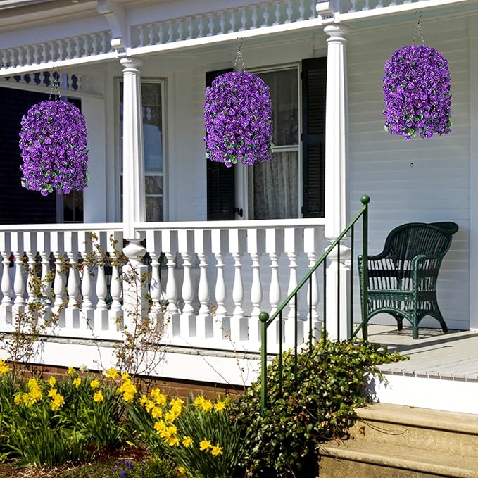 Artificial Faux Hanging Flowers Plants Basket for Outdoor Outside Porch Decoration, UV Resistant Fake Silk Purple Morning Glory Trailing Vines Realistic for Summer Home Balcony Yard Patio-Ruum Studio Home