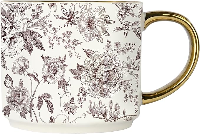 Sweet Water Decor Brown Delft Mug with Gold Handle, 14oz Fine Bone China Coffee Cup for Tea, Latte, or Hot Cider, Vintage Floral Fall Drinkware, Hostess & Housewarming Gift for Women & Teachers-Ruum Studio Home