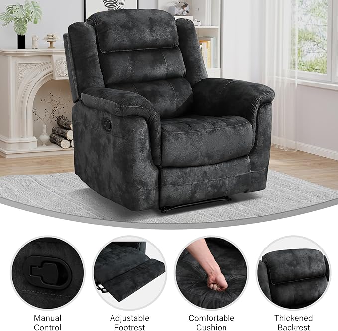 EBELLO Manual Recliner Chair, Soft Fabric Recliner Sofa with Overstuffed Armrest and Backrest for Living Room, Bedroom, Grey-Ruum Studio Home