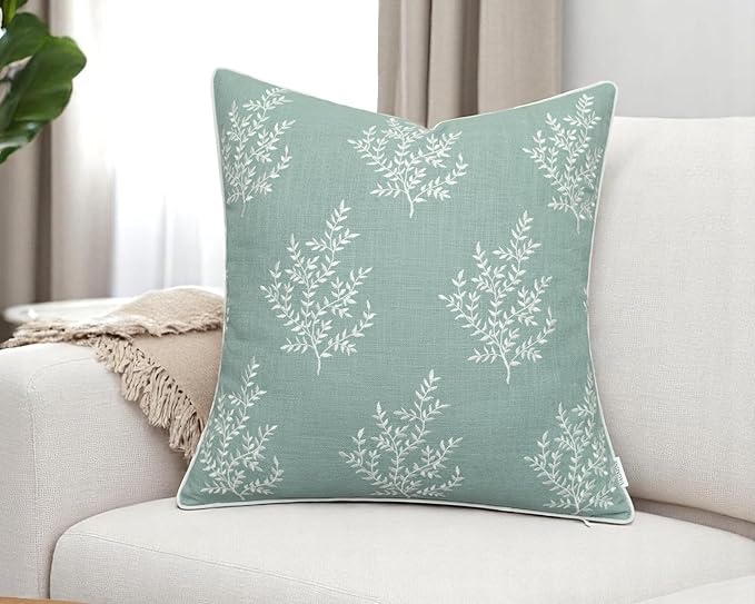 VAGMINE Embroidered Leaves Throw Pillow Cover - 20x20 Inches Square - 100% Cotton Light Teal Cushion Cover - Elegant Leaf Embroidery - Soft Boho Accent for Sofa, Lounge, Contemporary Décor-Ruum Studio Home