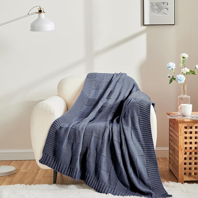 CozeCube Check Knit Throw Blanket, Steel Blue Checkered Throw for Couch, Decorative Christmas Soft Cozy Warm Knitted Blanket for Bed Sofa Living Room, 60"X80"-Ruum Studio Home