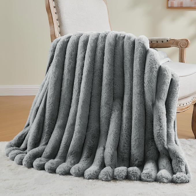 BEDELITE Faux Fur Throw Blanket for Couch, Soft and Cozy Luxurious 3D Striped Fluffy Blanket, 770GSM Thick Warm Plush Fuzzy Faux Rabbit Fur Blanket for Women Gift (Crey, 50"x 60")-Ruum Studio Home