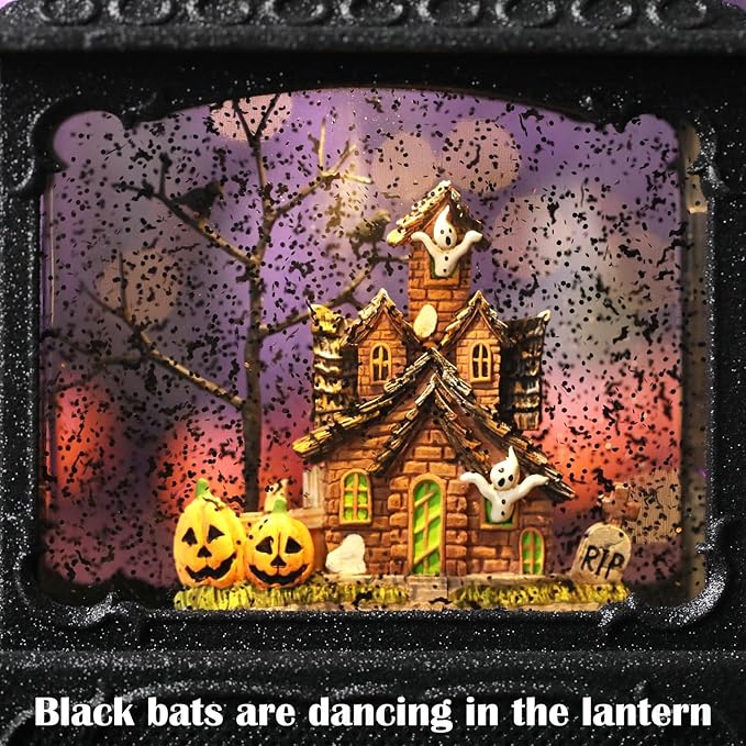 Halloween Snow Globe Lantern Haunted House Pumpkin Ghost Tree Crow Rip Dancing Bats with Timer, USB and Battery Powered 12 inch-Ruum Studio Home